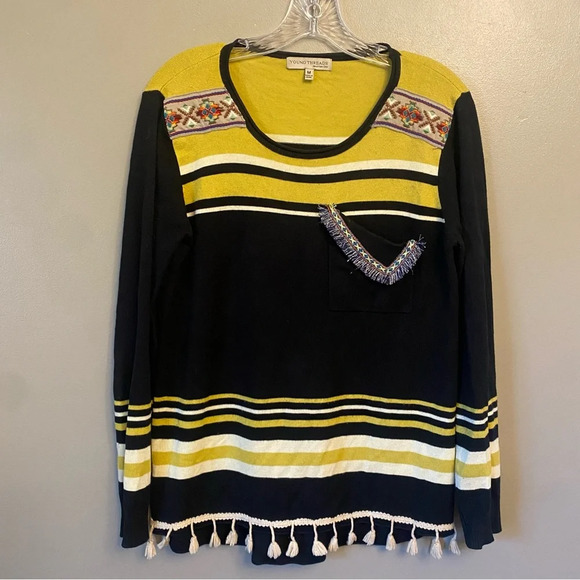 Young Threads Women's NYC Sweater Size Medium Boho Black Gold White Long Sleeve - Picture 1 of 10